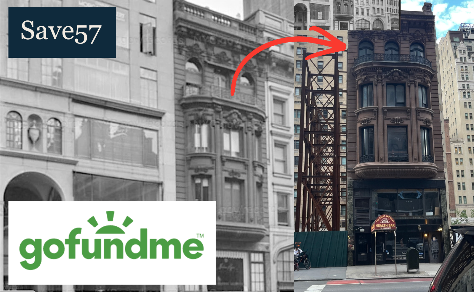 Save57 image comparing a historic view of the mansion with its present-day facade